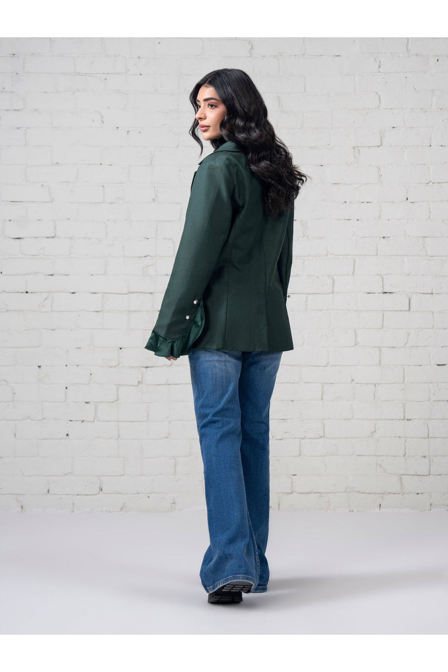 Sage Organza Silk Blazer | Double-Breasted with Ruffle Cuffs