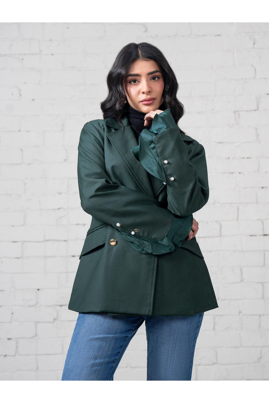 Sage Organza Silk Blazer | Double-Breasted with Ruffle Cuffs