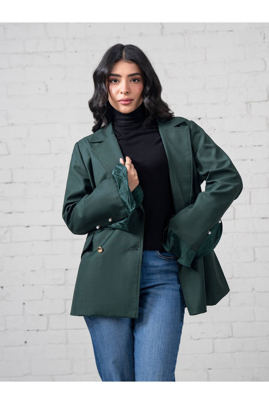 Sage Organza Silk Blazer | Double-Breasted with Ruffle Cuffs