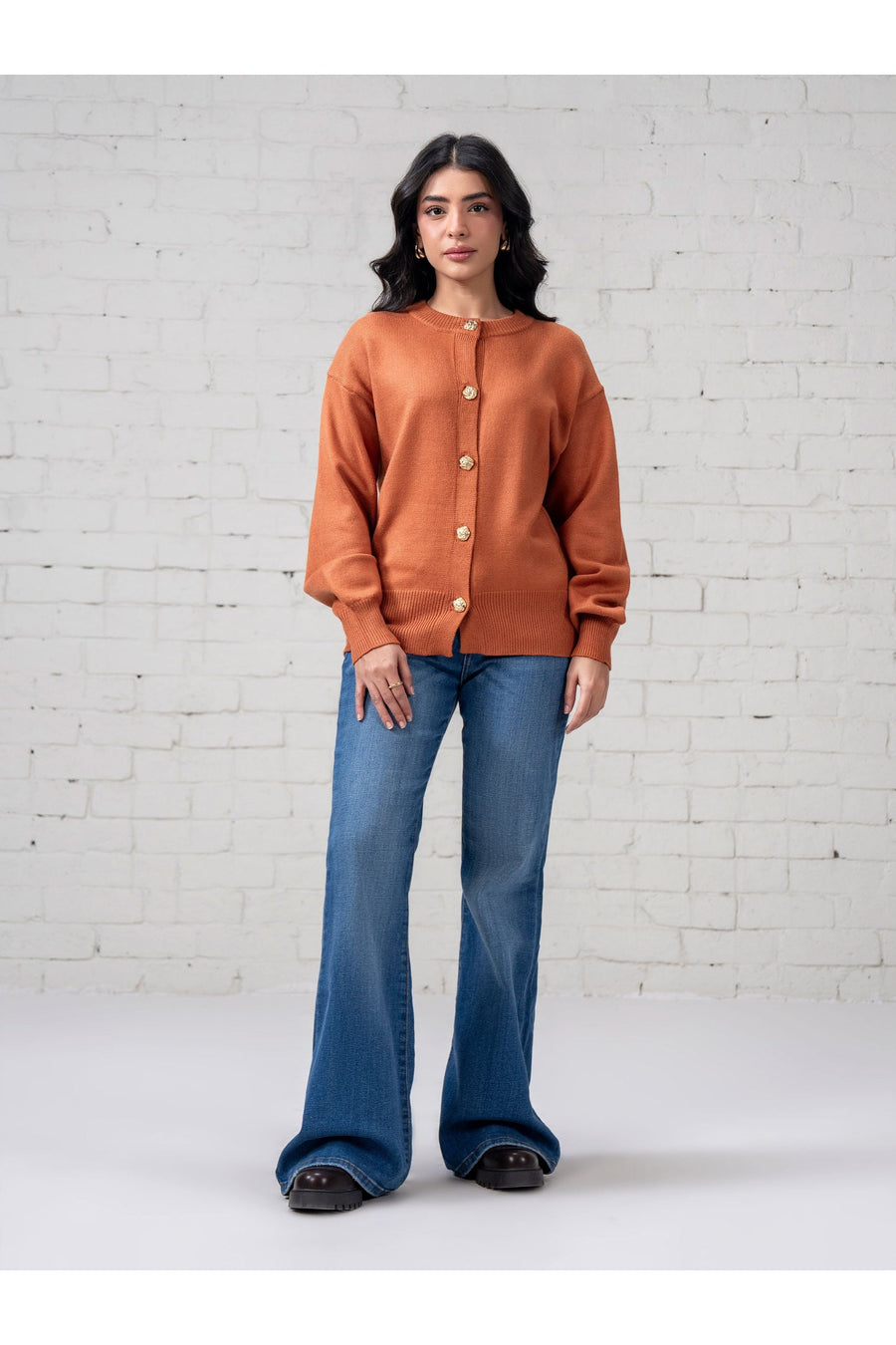 Rust Wool Blend 1-Piece Cardigan | Pearl Button Detail