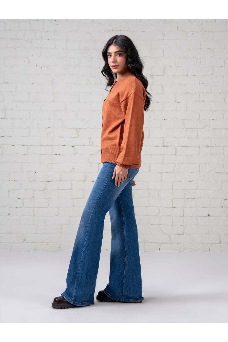 Rust Wool Blend 1-Piece Cardigan | Pearl Button Detail