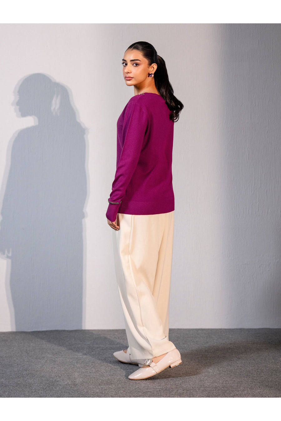 Plum Merino Blend 1-Piece Sweater | Metallic Trim