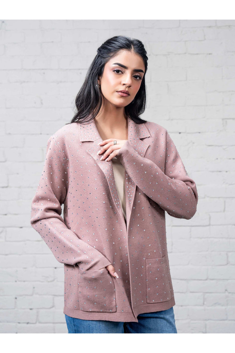 Dusty Rose Wool Blend 3-Piece Blazer | Rhinestone