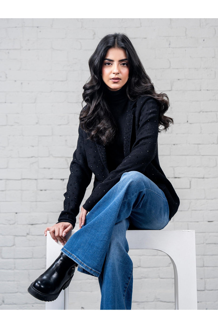 Midnight Cashmere Wool Blazer | Rhinestone Speckled