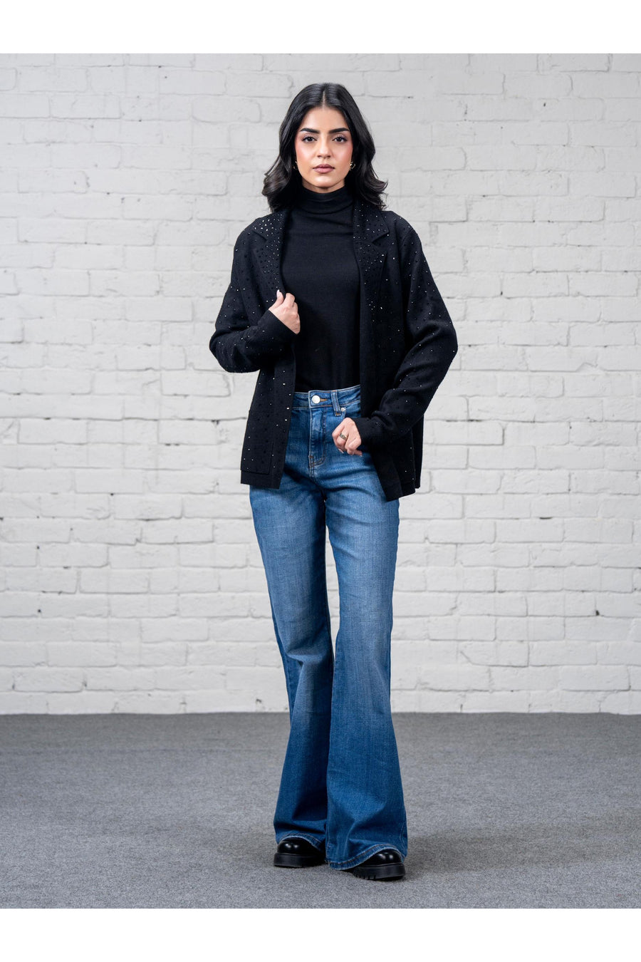 Midnight Cashmere Wool Blazer | Rhinestone Speckled