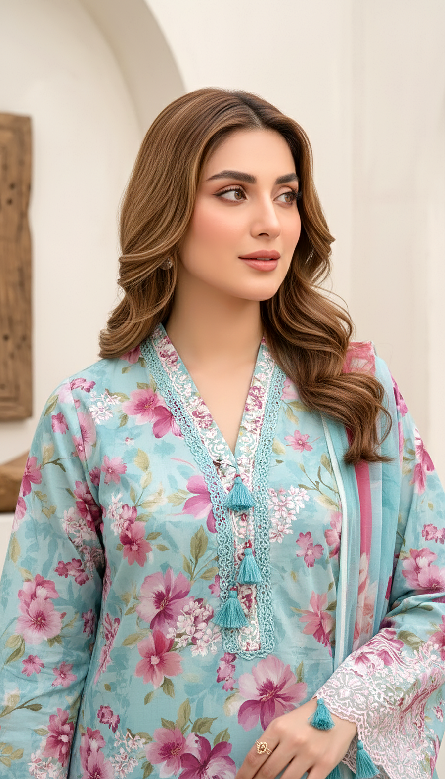 Sky Blue Pink Floral Embroidered Lawn 3-Piece Stitched Suit
