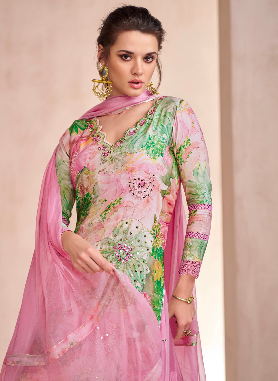 Pink Floral Muslin Anarkali Suit with Nazneen Dupatta