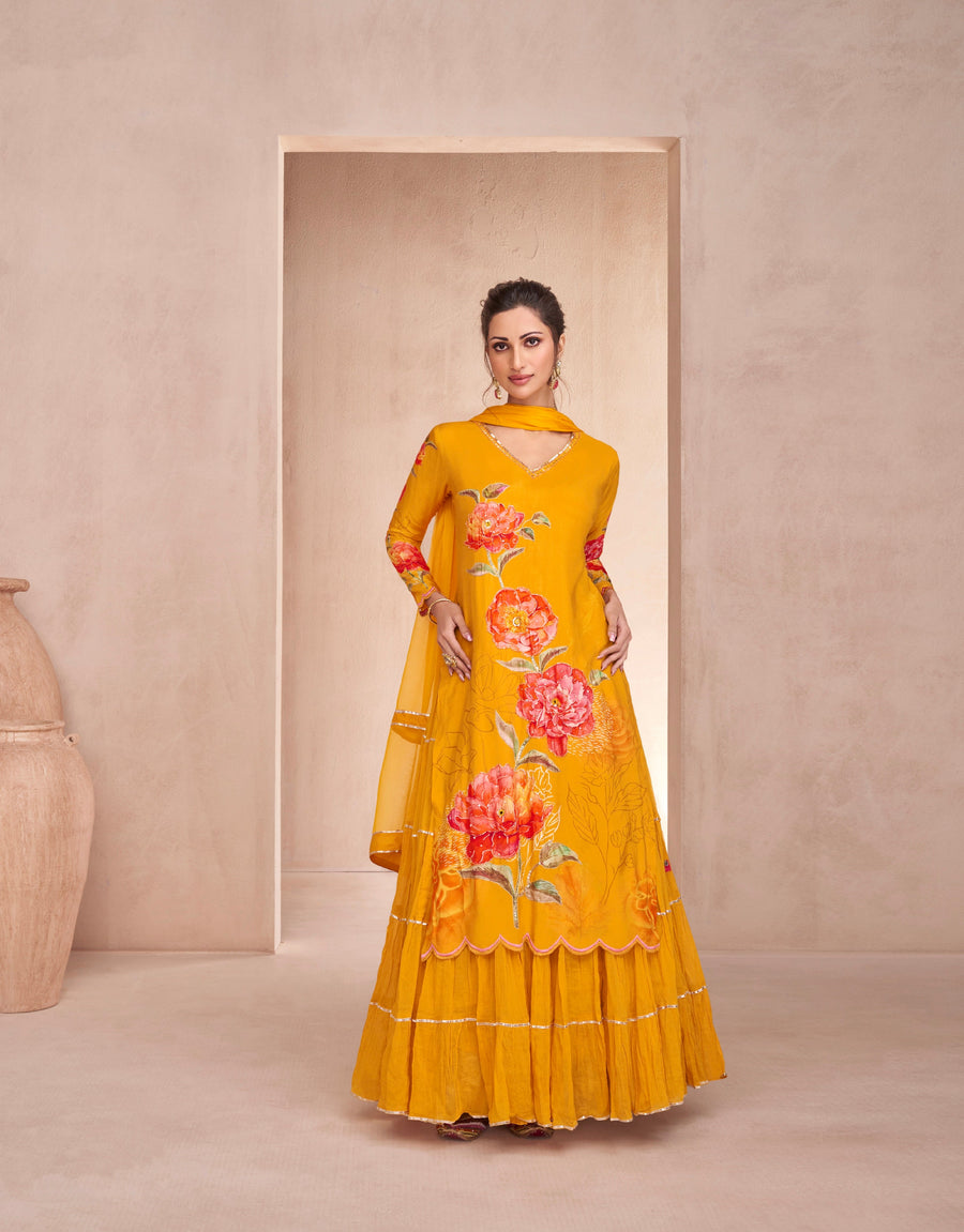 Yellow Muslin Anarkali with Hand Embellished Detailing