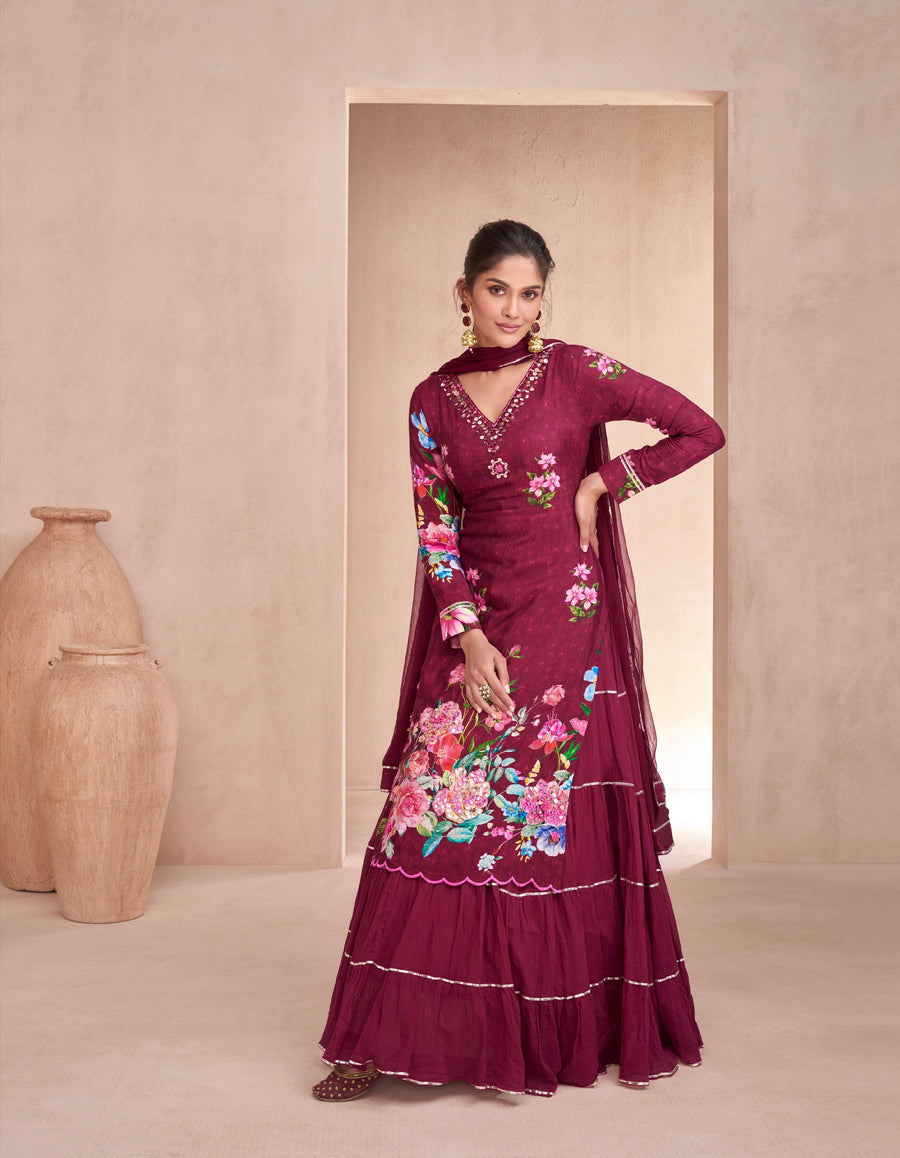 Maroon Muslin Anarkali Suit with Hand Embellished Work