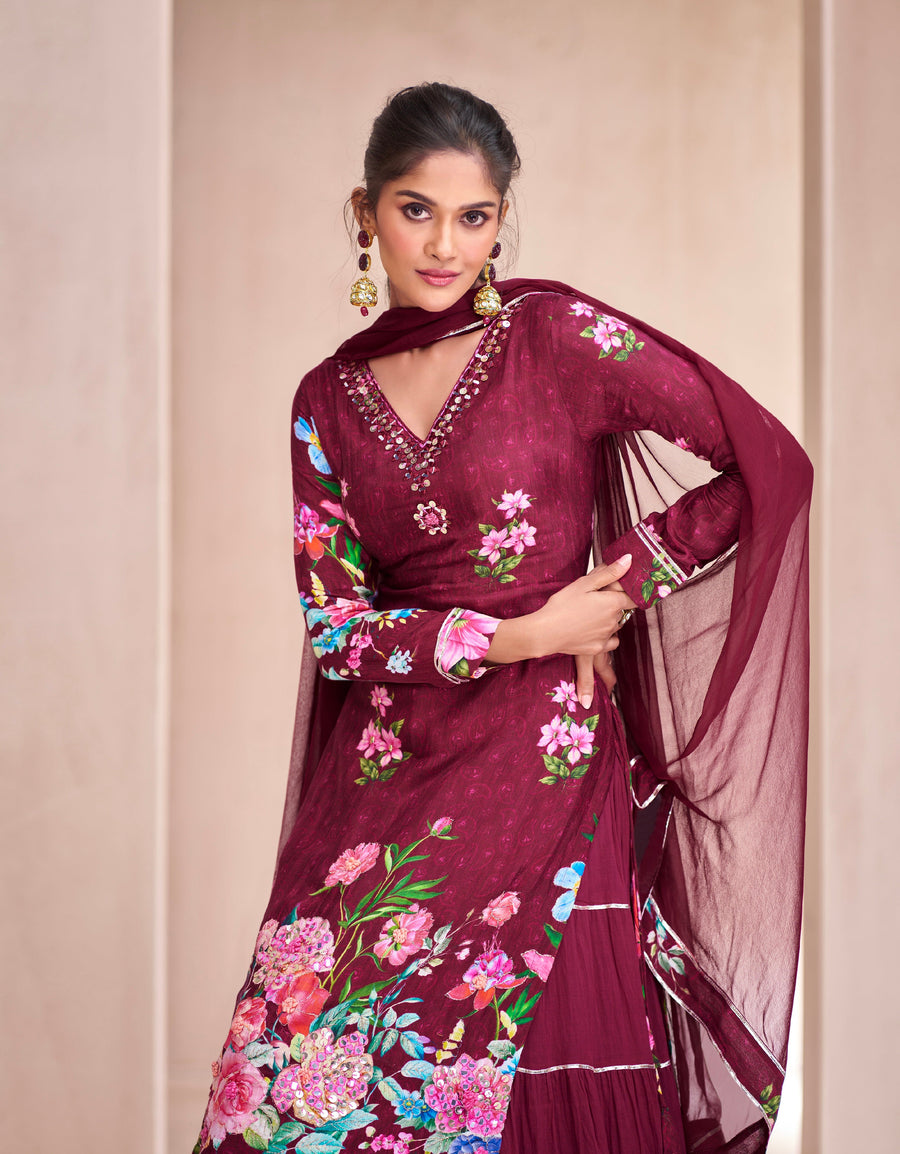 Maroon Muslin Anarkali Suit with Hand Embellished Work