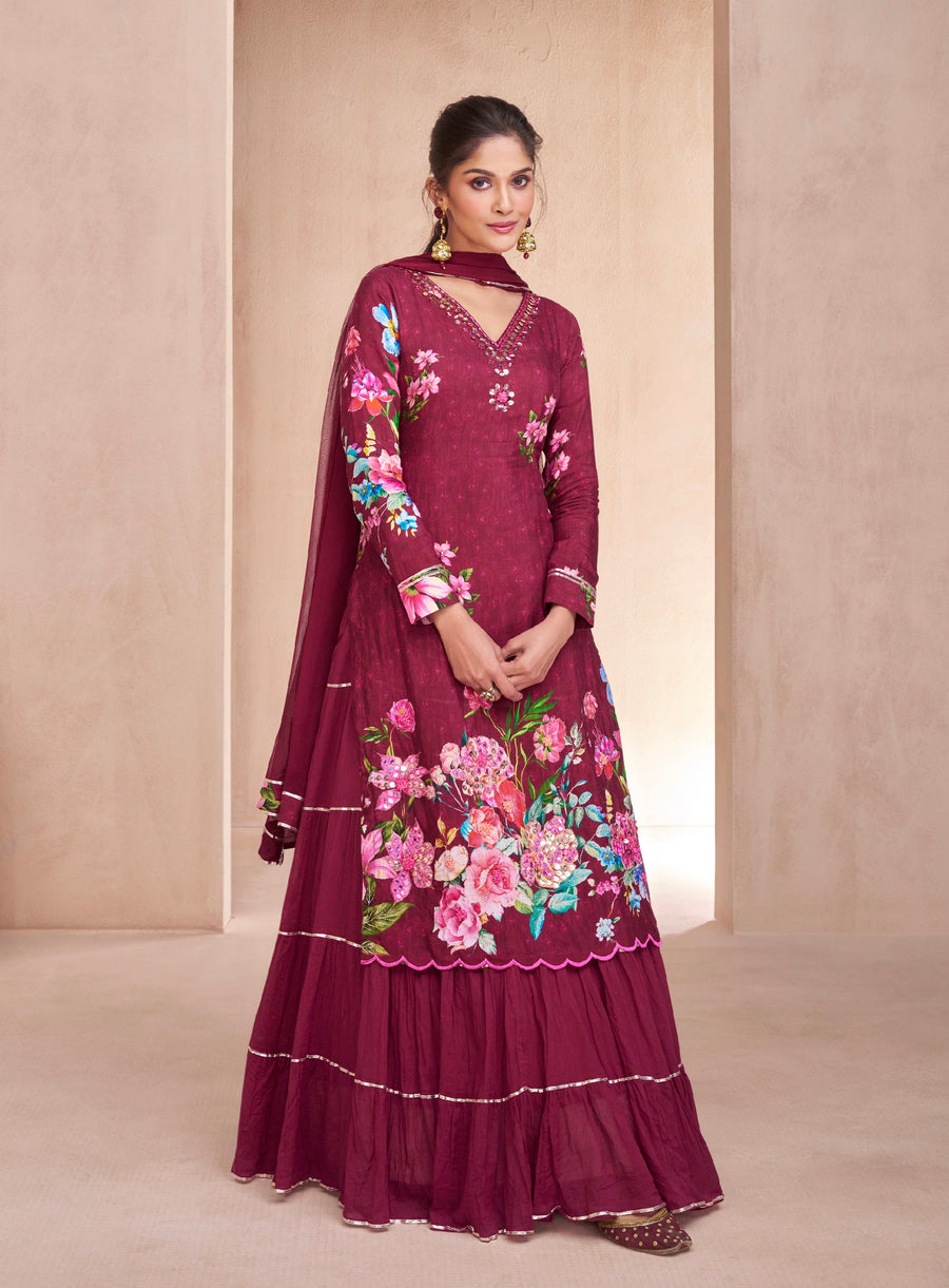 Maroon Muslin Anarkali Suit with Hand Embellished Work