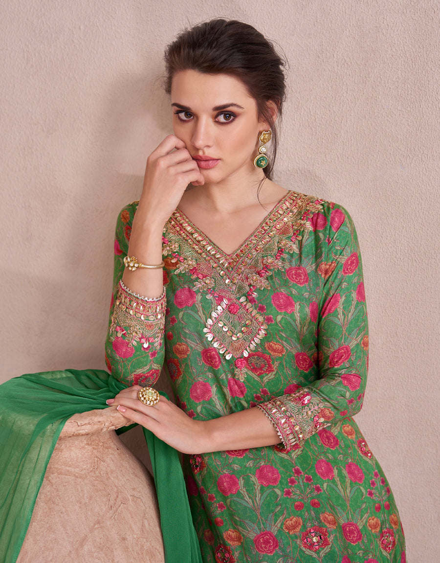 Green Muslin Anarkali Suit with Hand Embellished Work