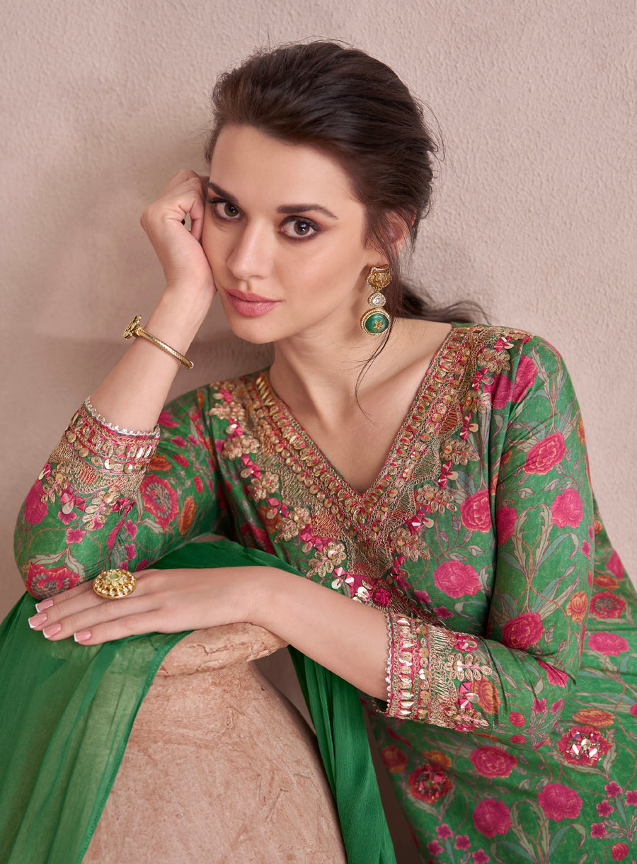 Green Muslin Anarkali Suit with Hand Embellished Work