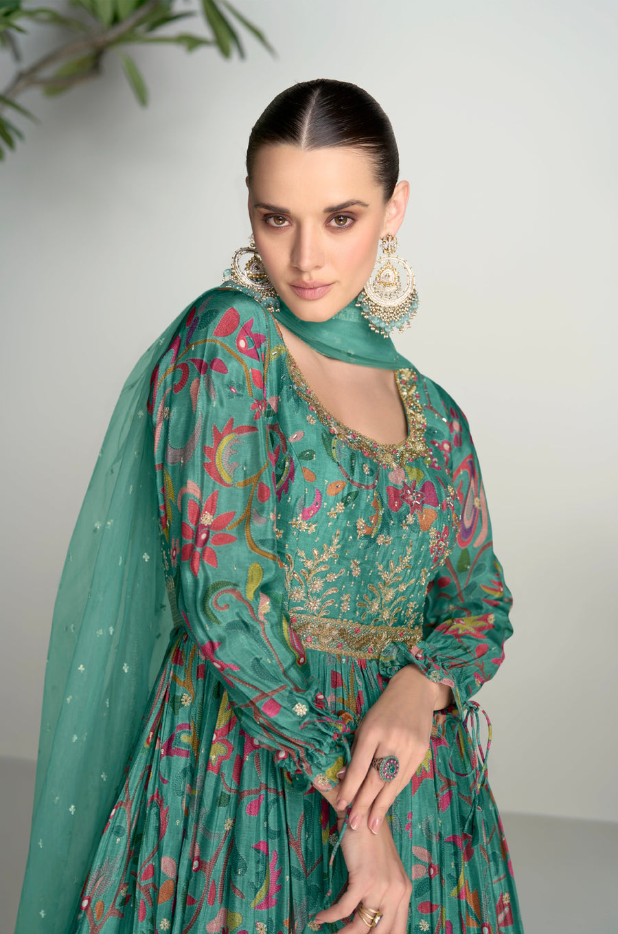 Green Chinon Anarkali Suit with Embroidery & Mirror Work