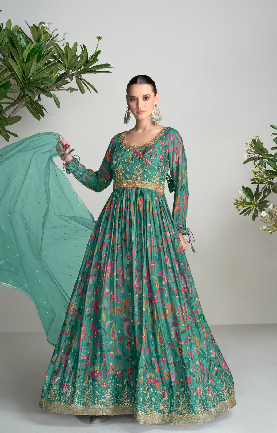 Green Chinon Anarkali Suit with Embroidery & Mirror Work