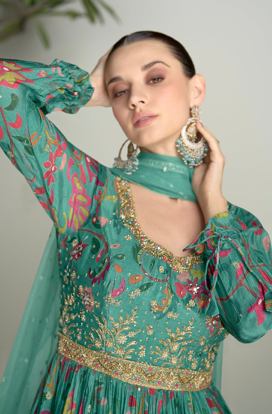 Green Chinon Anarkali Suit with Embroidery & Mirror Work