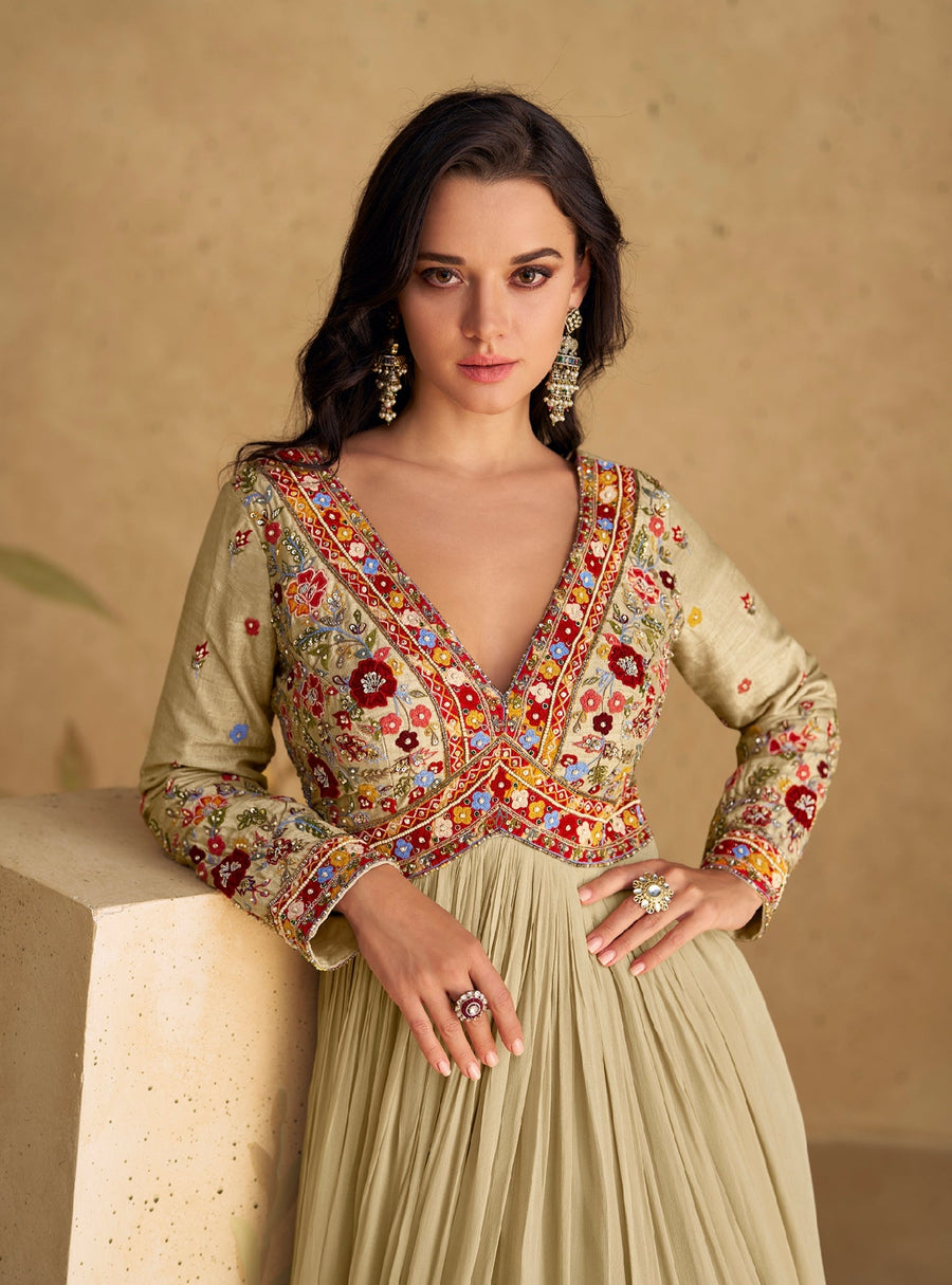Beige Chinon Silk Anarkali Suit with Front & Back Embroidery
