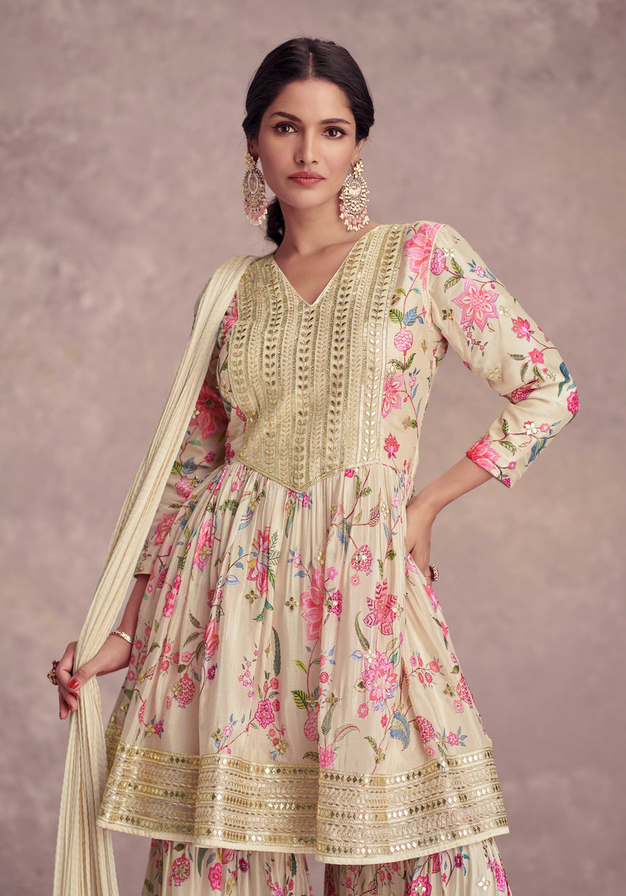 Cream Floral Chinon Anarkali Suit with Dupatta