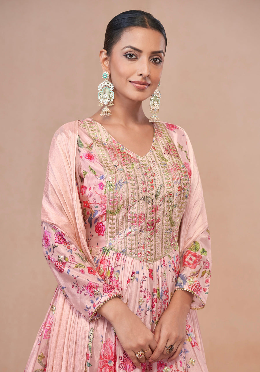 Pink Floral Chinon Anarkali Suit with Dupatta