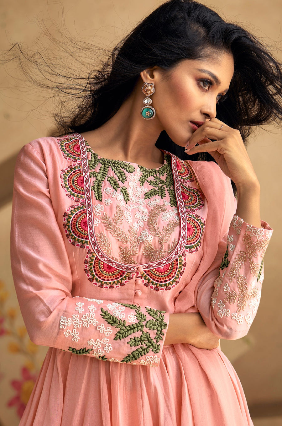 Peach Pure Silk Anarkali Suit with Green & Pink Embroidery