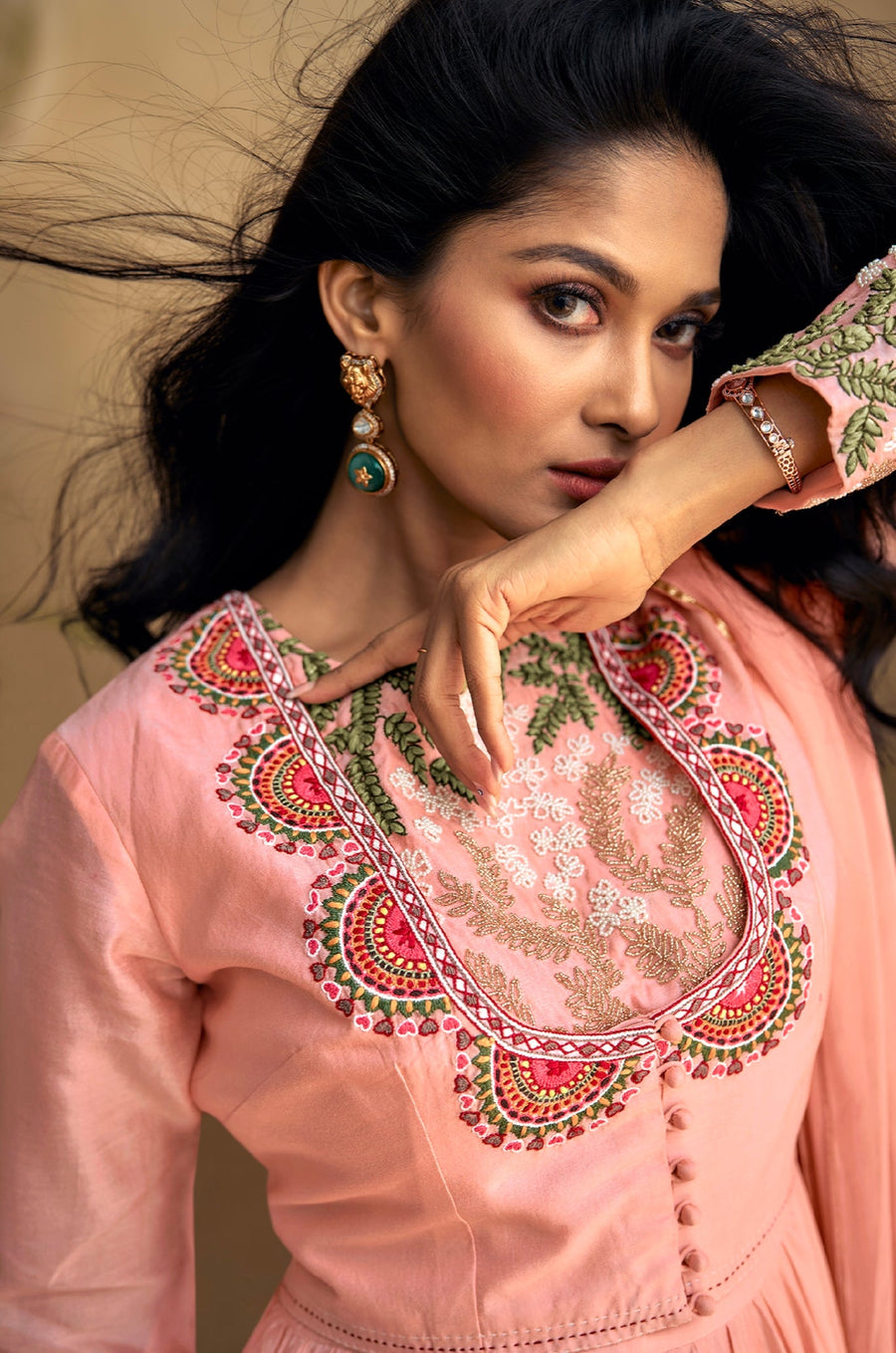 Peach Pure Silk Anarkali Suit with Green & Pink Embroidery