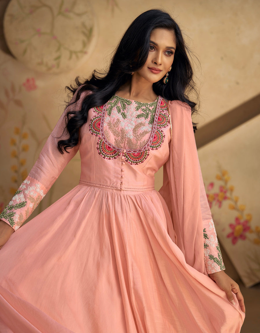 Peach Pure Silk Anarkali Suit with Green & Pink Embroidery