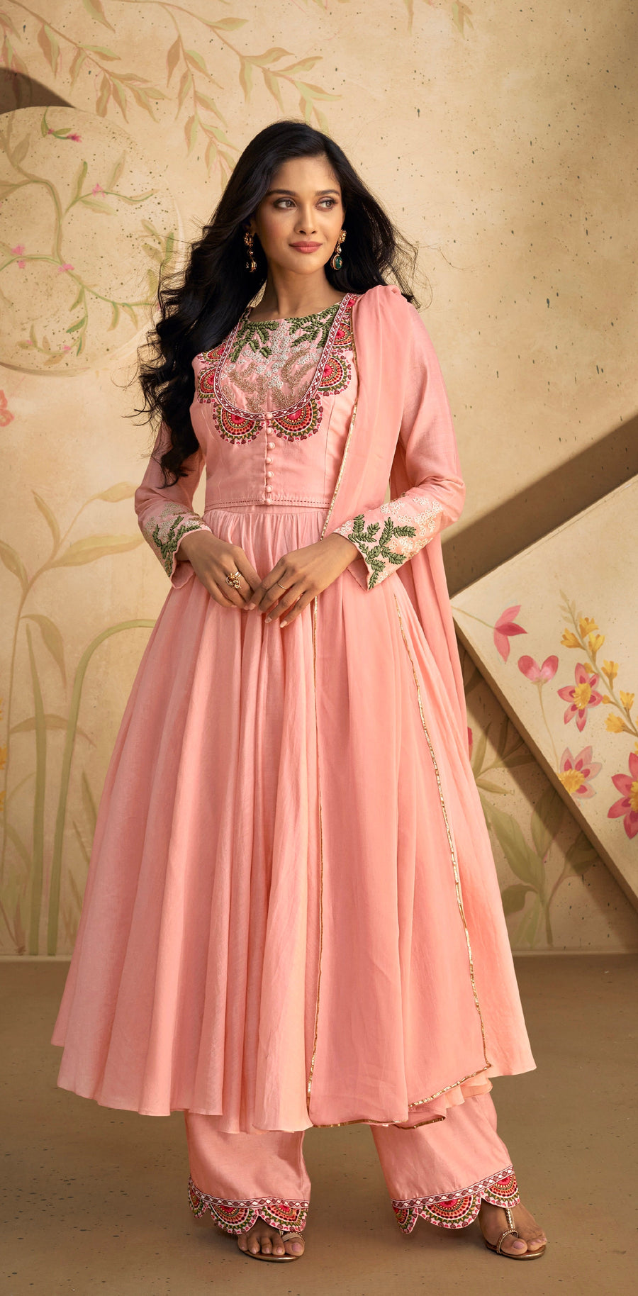 Peach Pure Silk Anarkali Suit with Green & Pink Embroidery