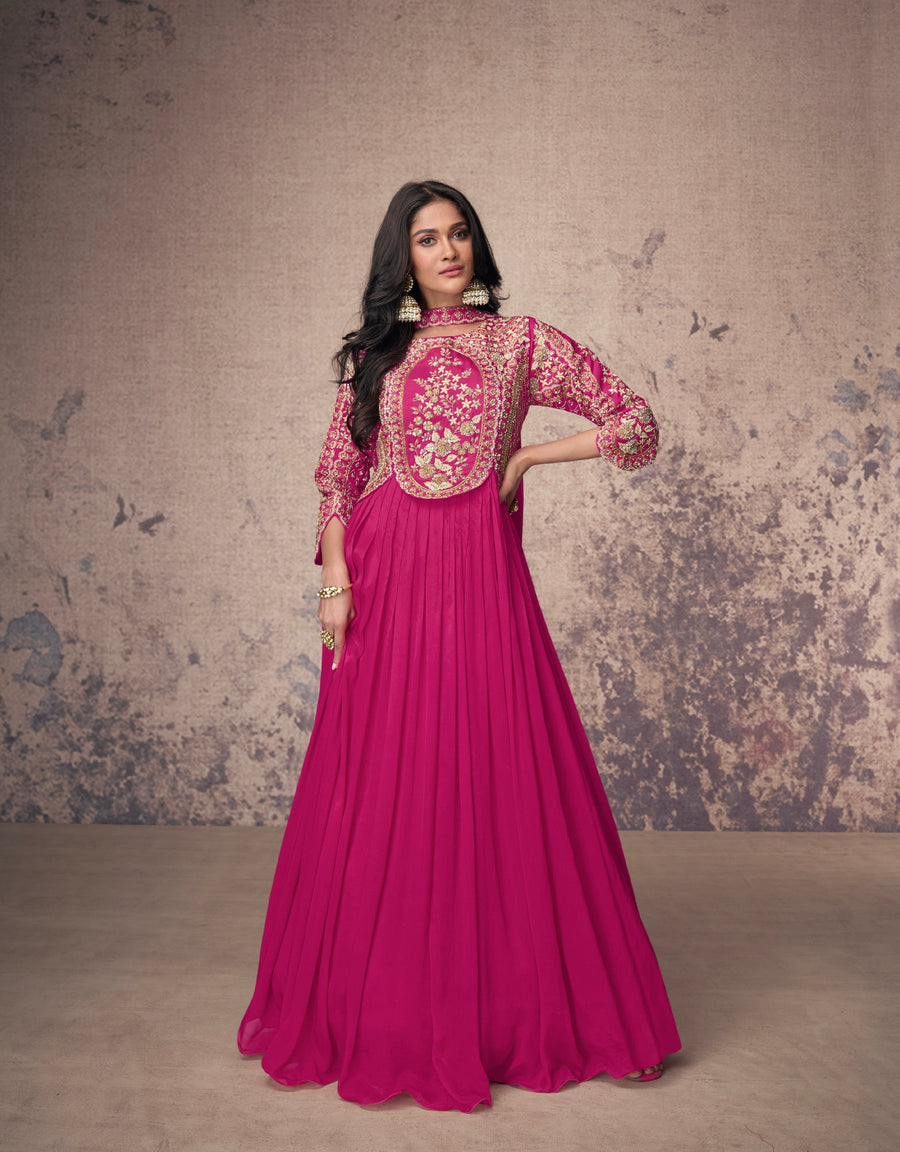 Magenta Real Chinon Silk Anarkali Suit with Gold Embroidery and Dupatta