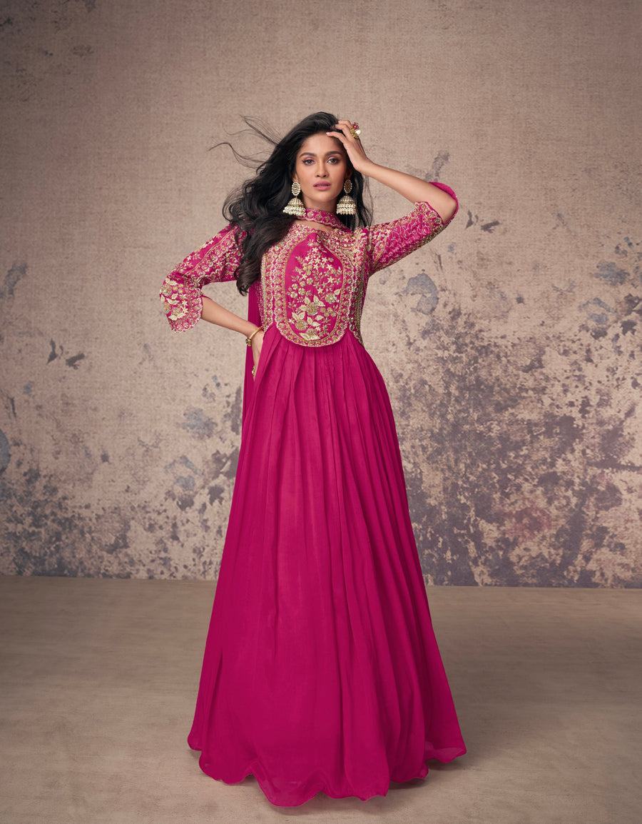 Magenta Real Chinon Silk Anarkali Suit with Gold Embroidery and Dupatta