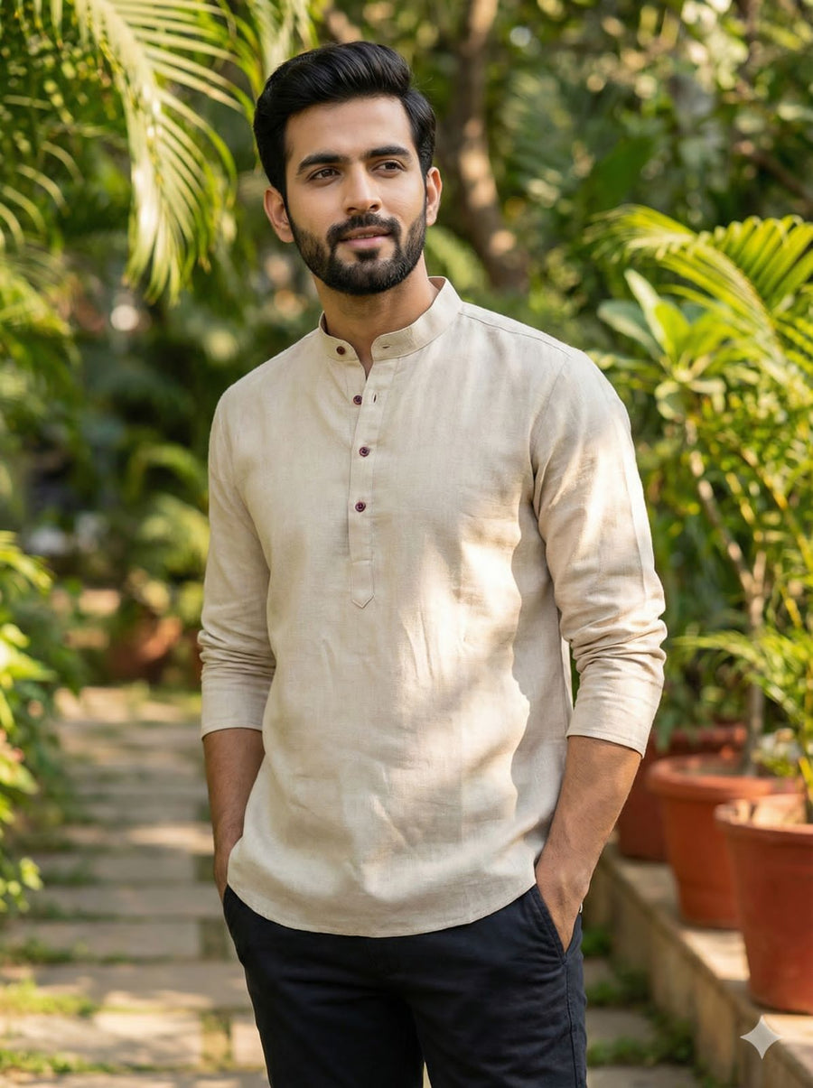 Cream Pure Soft Linen Casual Wear Men's Short Kurta