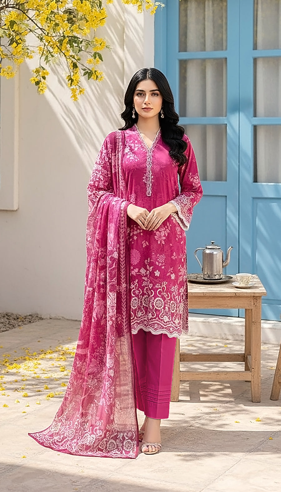 Burnt Pink Floral Printed Lawn 3-Piece Suit with Matching Dupatta