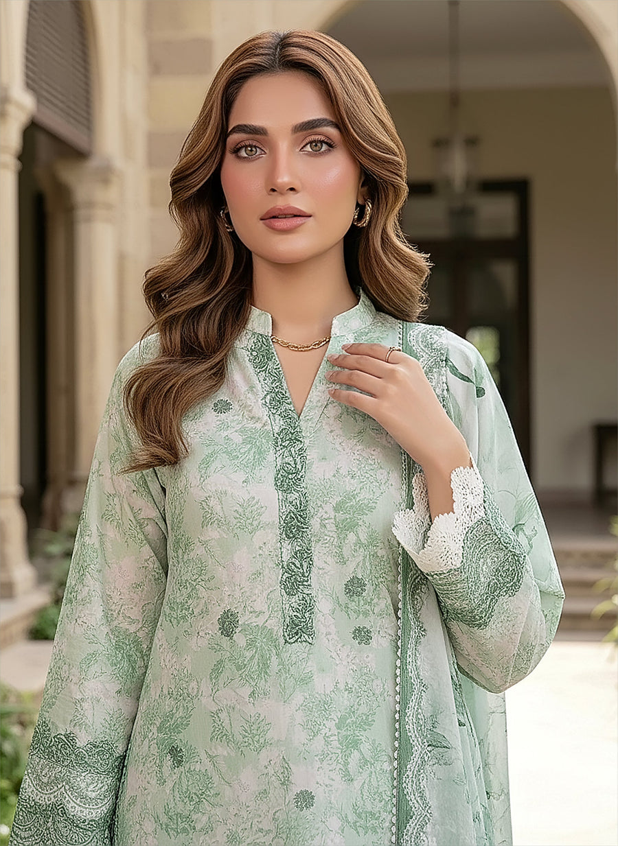 Greenish Grey Floral Embroidered Lawn 3-Piece Stitched Suit