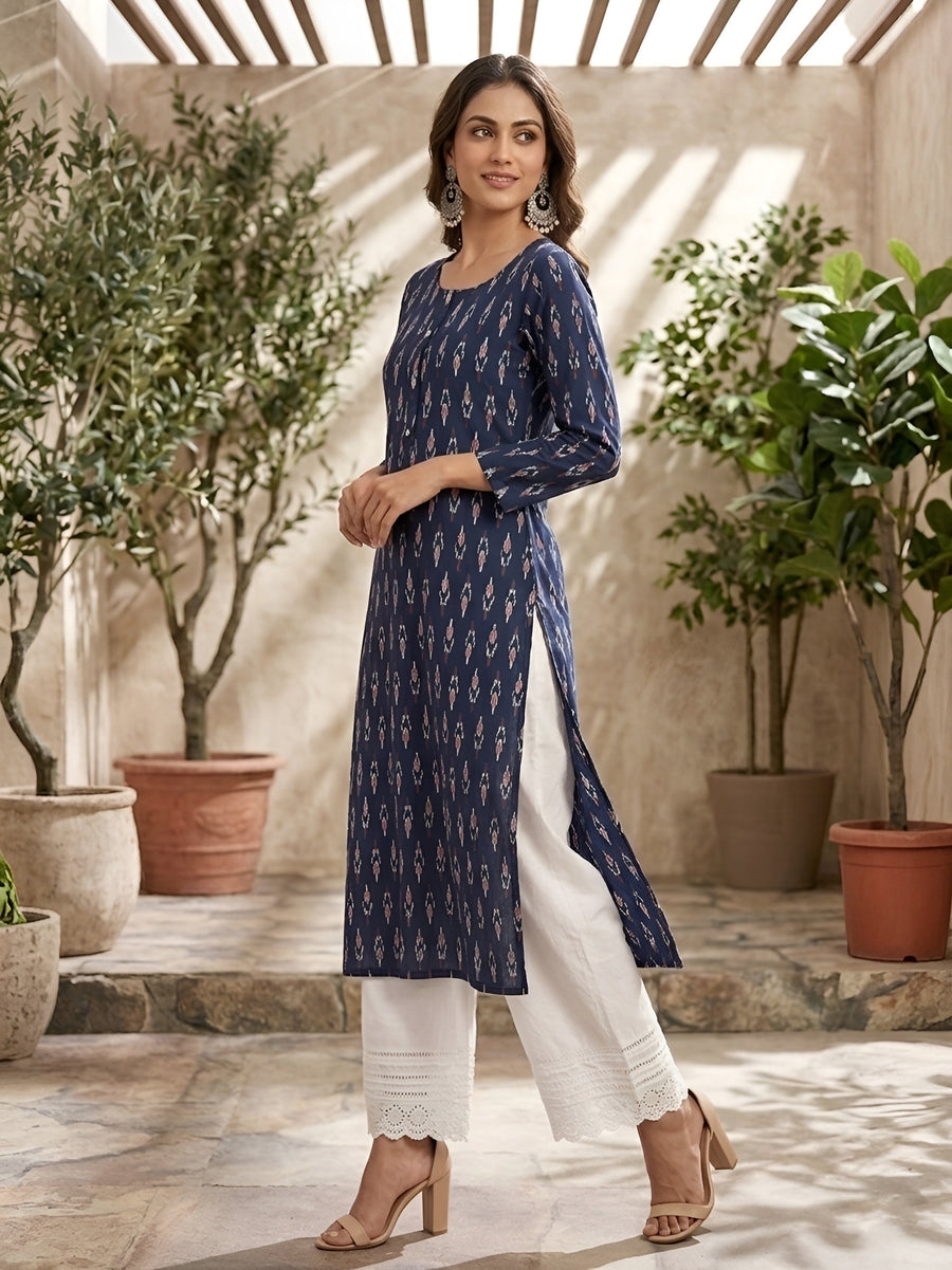 Printed Straight Kurta with Three Quarter Sleeves - Pehnaawaa