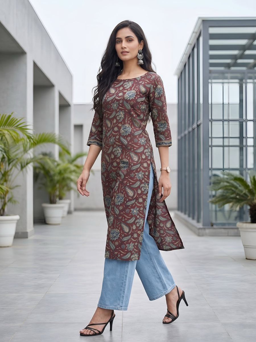 Printed Straight Kurta with Three Quarter Sleeves - Pehnaawaa