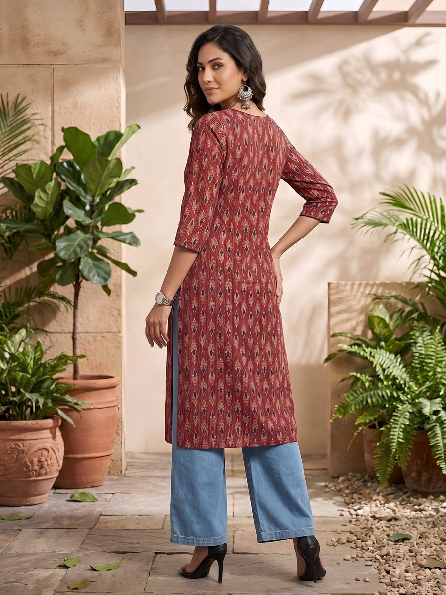 Printed Straight Kurta with Three Quarter Sleeves - Pehnaawaa