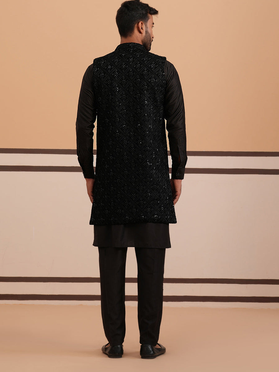 Black Embroidered Long Shrug with Kurta Pyjama Set (JOKPWCS 592B 4145 Black )