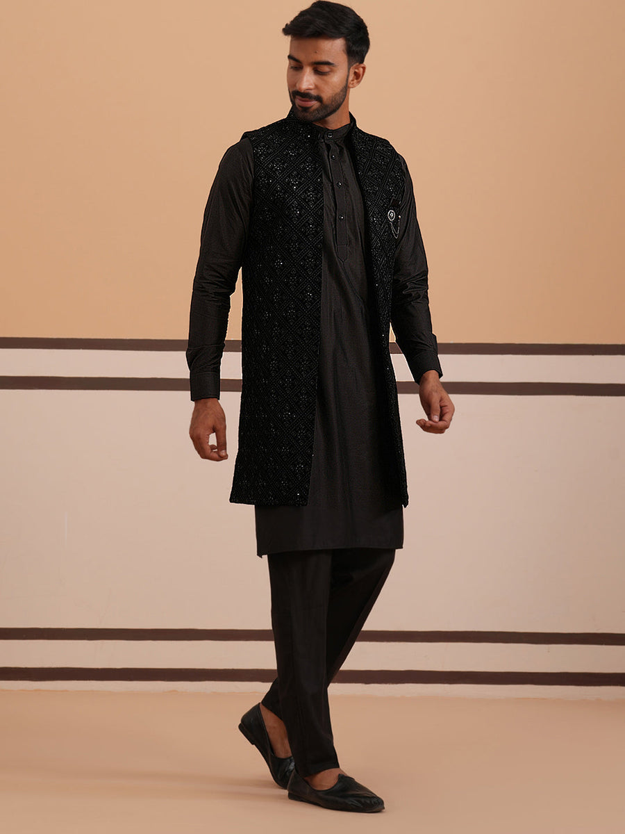 Black Embroidered Long Shrug with Kurta Pyjama Set (JOKPWCS 592B 4145 Black )
