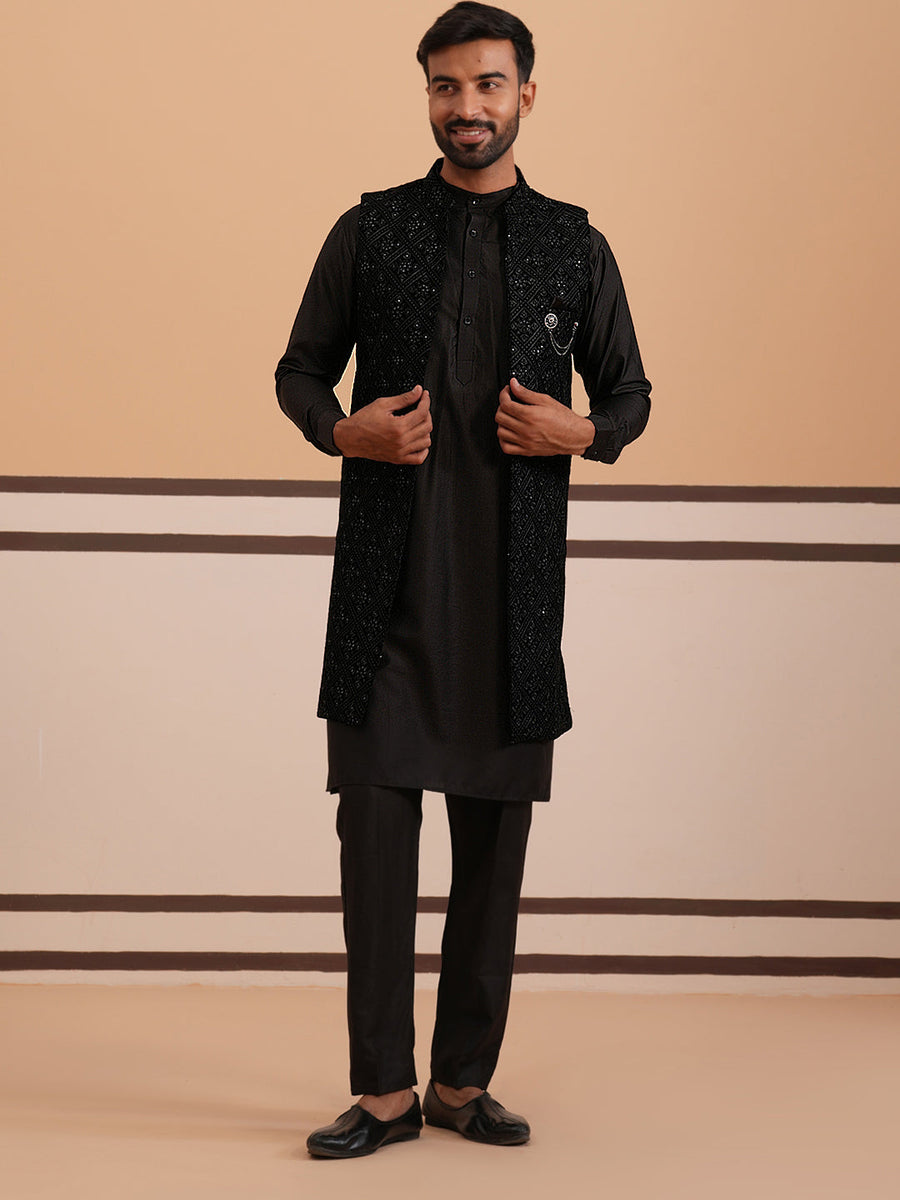 Black Embroidered Long Shrug with Kurta Pyjama Set (JOKPWCS 592B 4145 Black )
