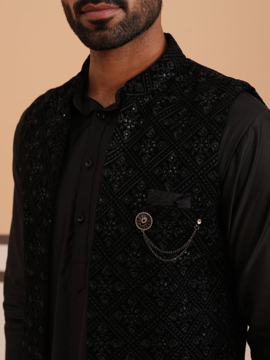 Black Embroidered Long Shrug with Kurta Pyjama Set (JOKPWCS 592B 4145 Black )
