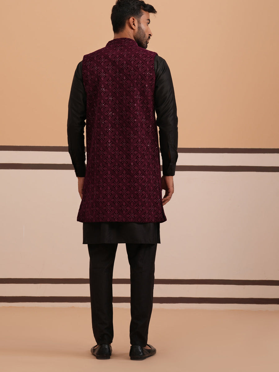Purple Embroidered Long Shrug with Kurta Pyjama Set (JOKPWCS 592B 4145 Purple )
