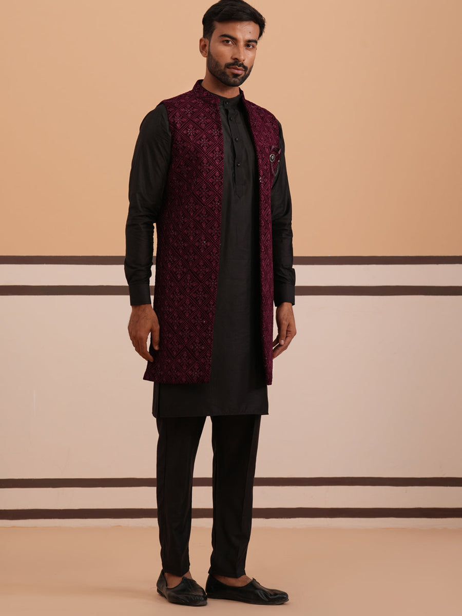 Purple Embroidered Long Shrug with Kurta Pyjama Set (JOKPWCS 592B 4145 Purple )