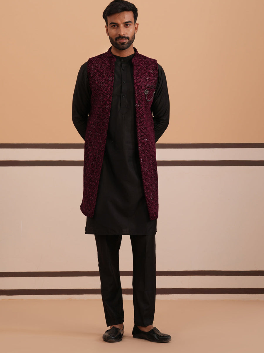 Purple Embroidered Long Shrug with Kurta Pyjama Set (JOKPWCS 592B 4145 Purple )