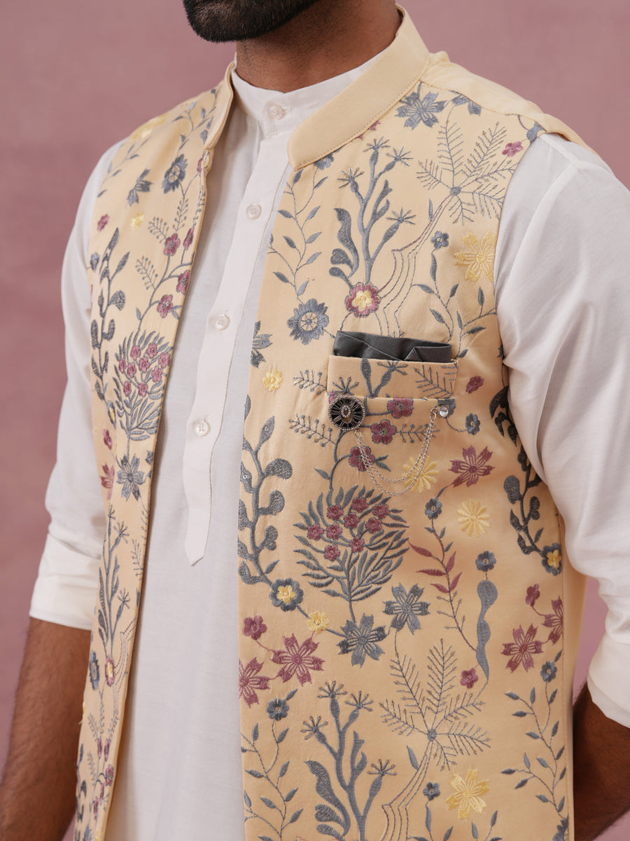 Festive Floral Embroidered Shrug Kurta Set (JOKPWCS 592W 4143 Yellow )