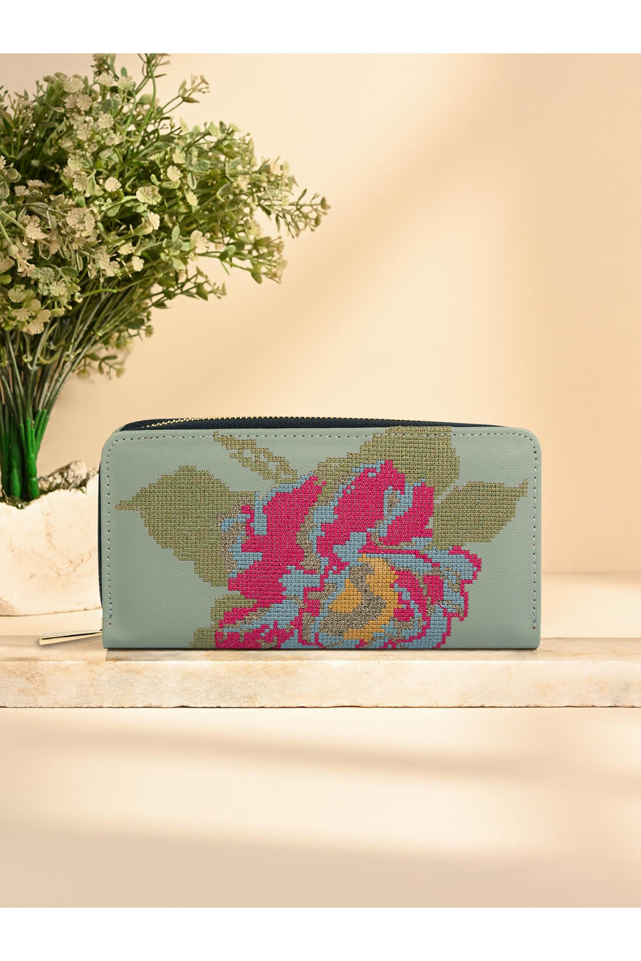 Mint Embroidered Wallet For Daily Use With Elegant Charm