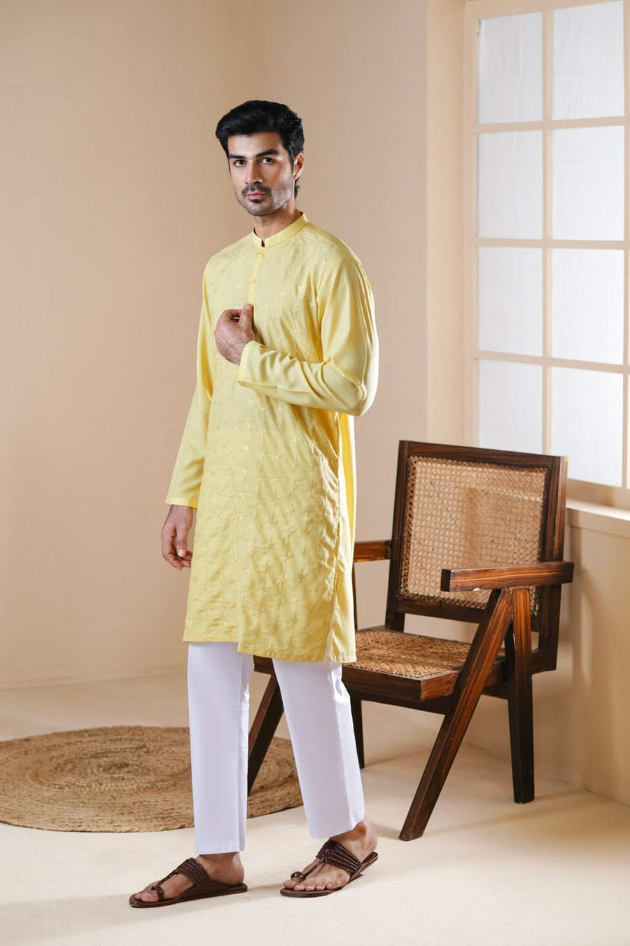 Pale Yellow Blended Fabric 2-Piece Kurta | Slim Band Collar