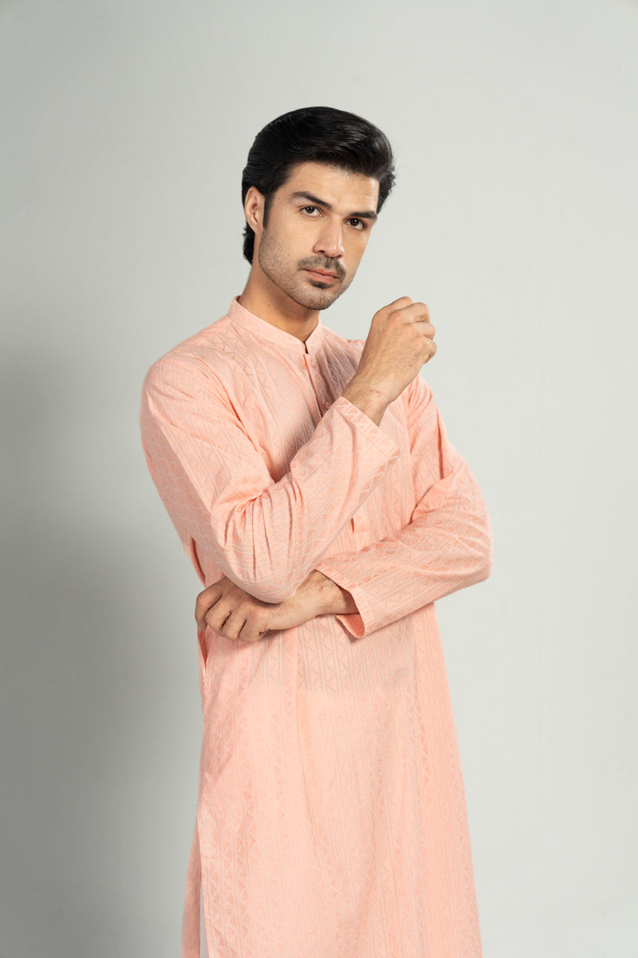 Tea Pink Linen 2-Piece Kurta Set | Mandarin Collar