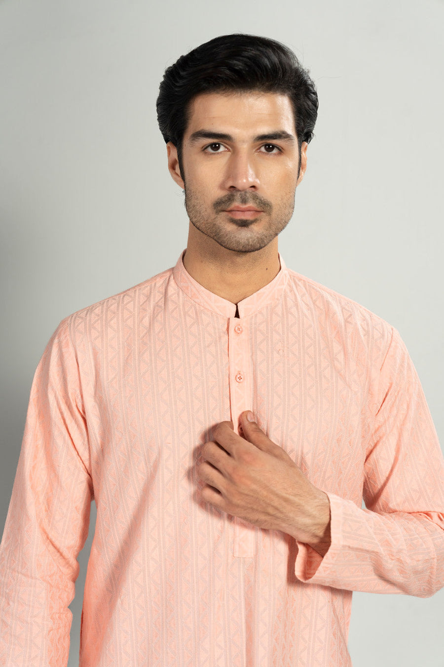 Tea Pink Linen 2-Piece Kurta Set | Mandarin Collar