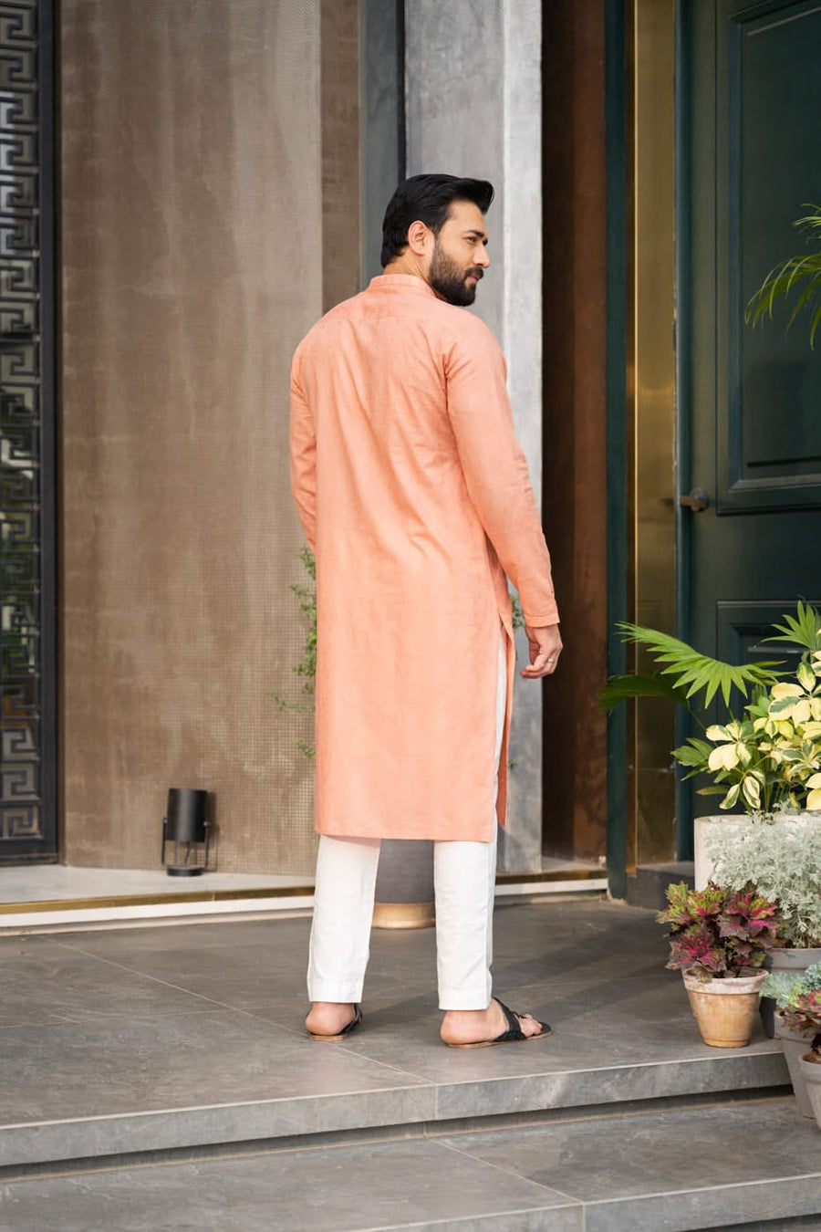 Peach Jacquard 2-Piece Kurta | Band Collar