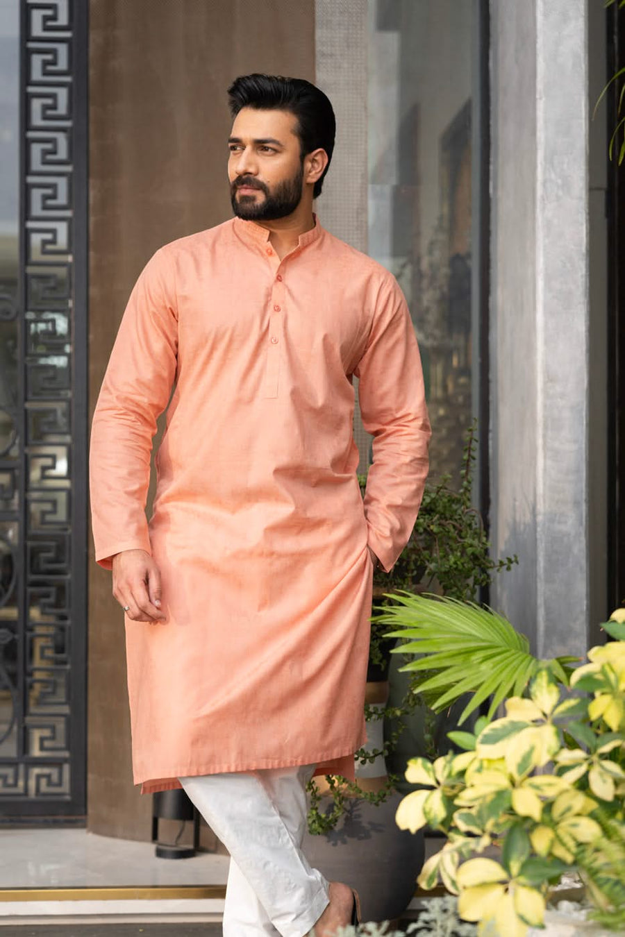 Peach Jacquard 2-Piece Kurta | Band Collar