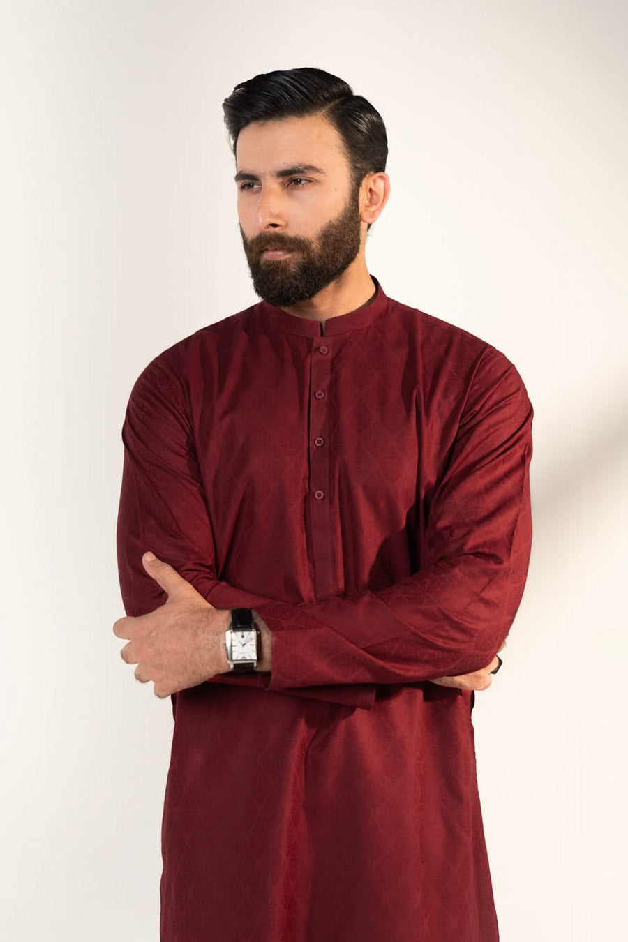 Burgundy Silk Jacquard 2-Piece Kurta | Band Collar